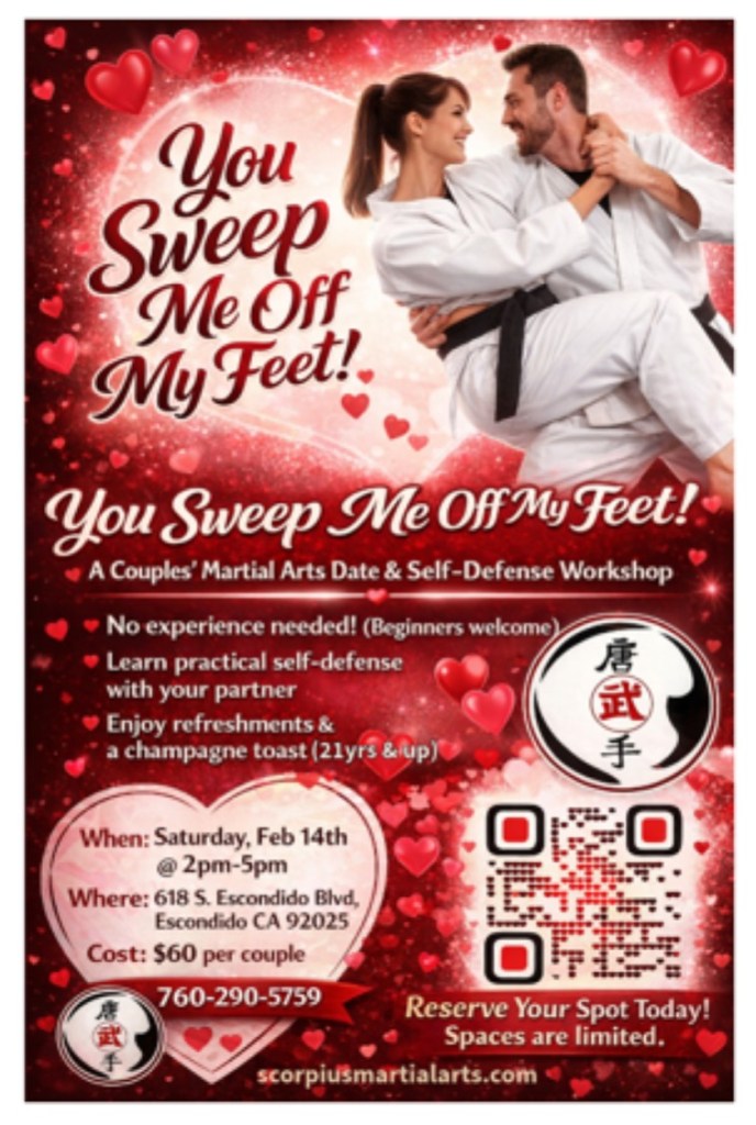 Promotional flyer for a couples' martial arts date and self-defense workshop with the title 'You Sweep Me Off My Feet!' and imagery of hearts. It includes event details: date, time, location, cost, and a QR code for more information.